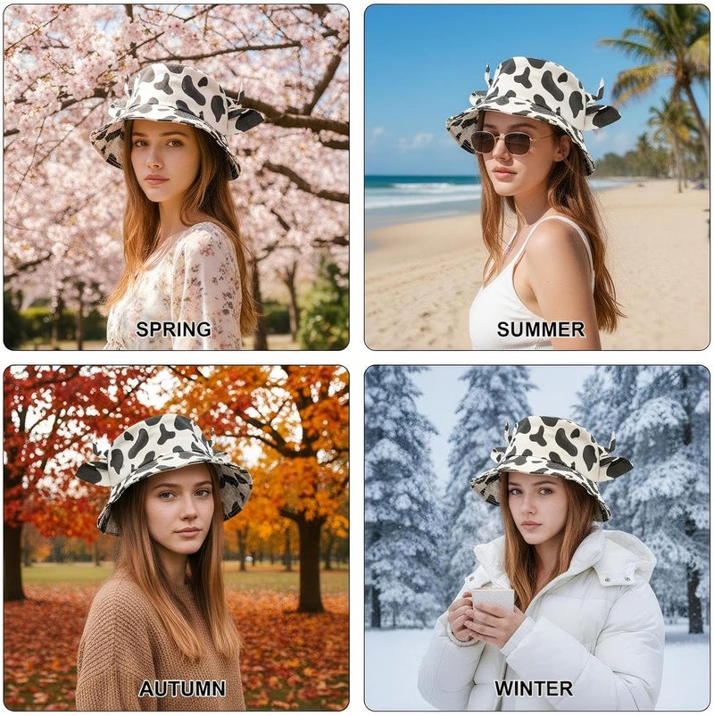 QANQIUPLE Cow Print Bucket Hat with Cute Horn Ears Cow Print Summer Beach Sun Hat Fisherman's Cow Bucket Hat - Image 2